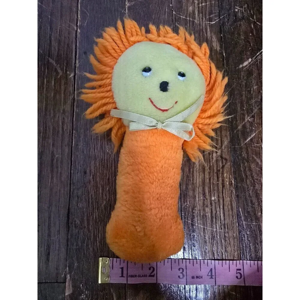 Vintage 1970s Stahlwood Toy Orange Lion Baby Rattle Plush